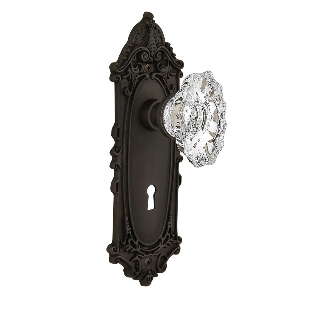 Nostalgic Warehouse VICCHA Complete Mortise Lockset Victorian Plate with Chateau Knob in Oil-Rubbed Bronze